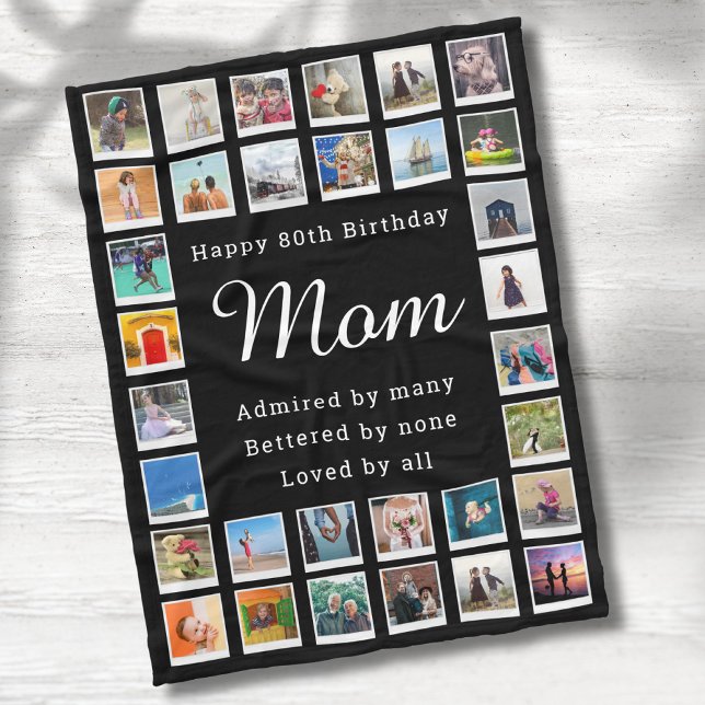Best Mum 80th Birthday Photo Collage Black Fleece Blanket (Mom 80th birthday fleece blanket with your favorite photos and custom text.)