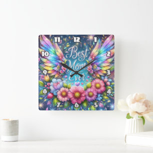 Best Mum: Angel Wings, Floral Tribute Square Wall Clock