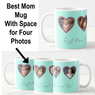 Best Mum Aqua Teal Hearts Four Kids Photo Collage Coffee Mug