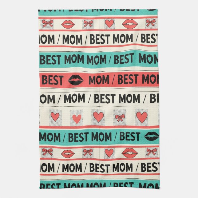 Best Mum Comic Hearts Retro Graphic Tea Towel (Vertical)