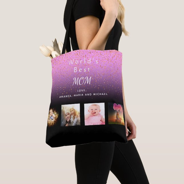 Best Mum custom family photo collage purple black Tote Bag (Close Up)