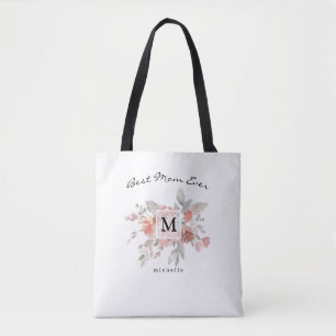 Best Mum Elegant Blush Pink Floral Monogram Tote Bag