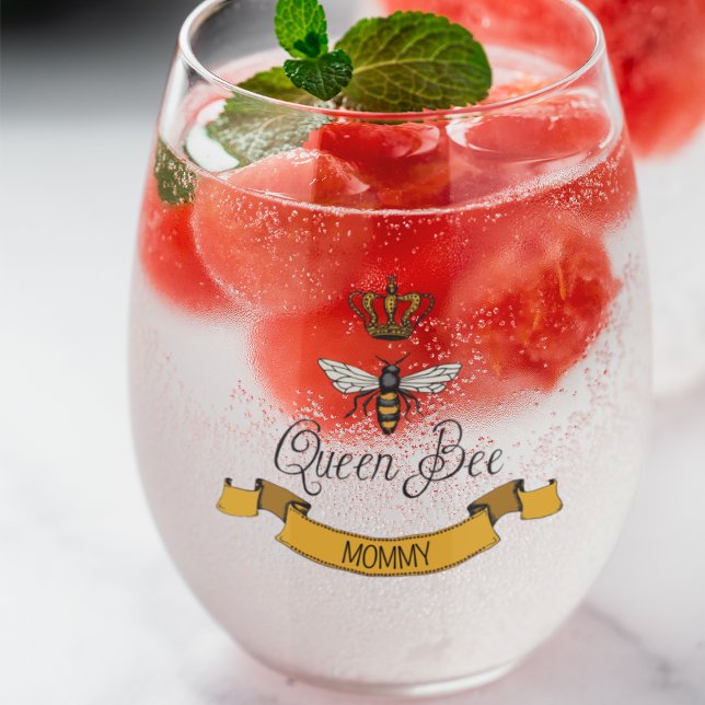 Best Mum Ever 2 Photos & Name Royal Queen Bee Stemless Wine Glass (Beautiful Royal Queen Bee & Gold Scroll with Customizable Texts on Front and Back. 2 Custom Photos)
