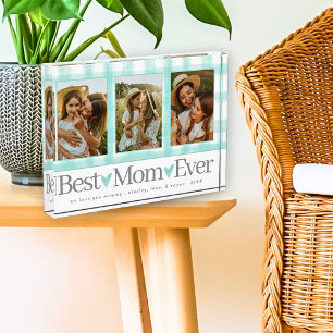 Best Mum Ever 3 Photo Mothers Day Gingham Hearts Block