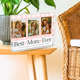 Best Mum Ever 3 Photo Mothers Day Gingham Hearts Block
