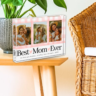 Best Mum Ever 3 Photo Mothers Day Gingham Hearts Block