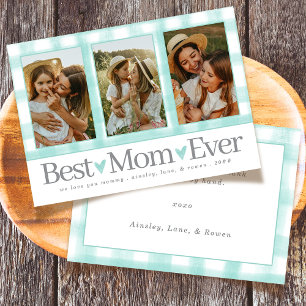 Best Mum Ever 3 Photo Mothers Day Gingham Hearts Holiday Card