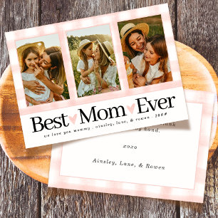 Best Mum Ever 3 Photo Mothers Day Gingham Hearts Holiday Card