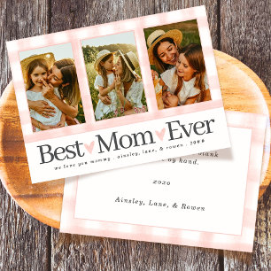 Best Mum Ever 3 Photo Mothers Day Gingham Hearts Holiday Card