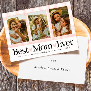 Best Mum Ever 3 Photo Mothers Day Gingham Hearts Holiday Card
