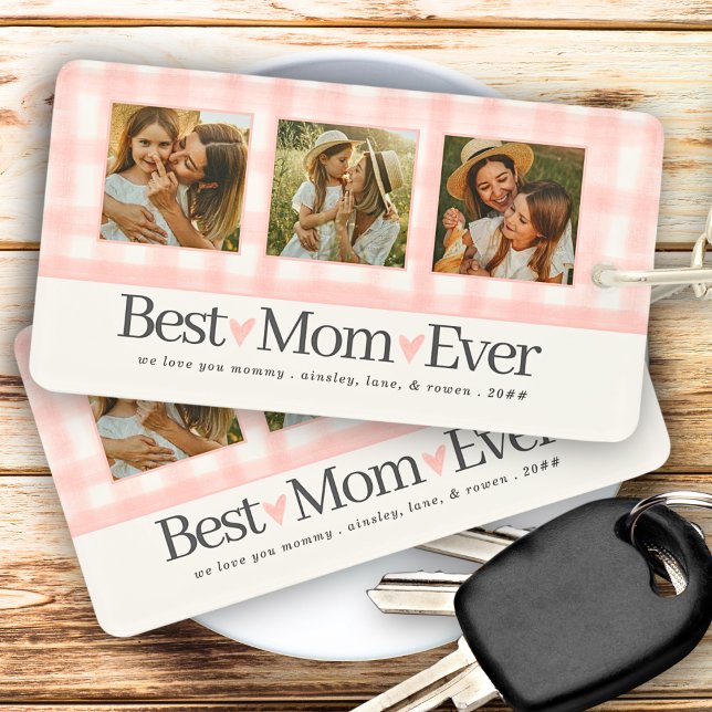Best Mum Ever 3 Photo Mothers Day Gingham Hearts Key Ring (Creator Uploaded)