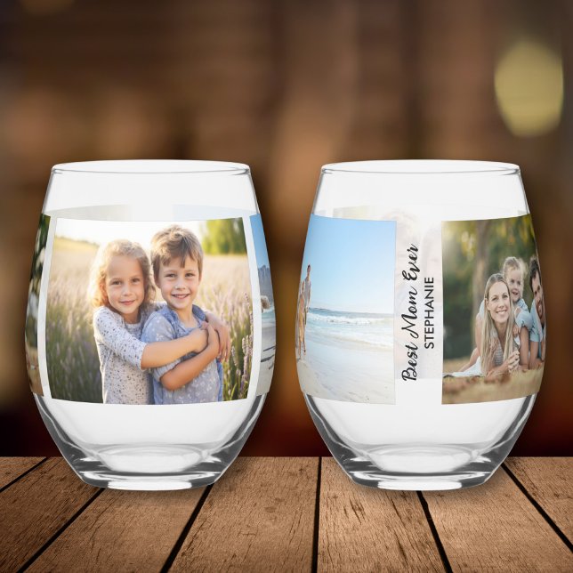 Best Mum Ever, 3 Photos, Personalised Custom Stemless Wine Glass (Creator Uploaded)