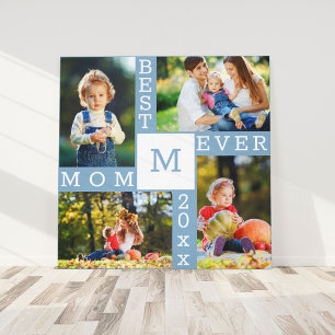 Best Mum Ever 4 Photo Collage Blue White Square Canvas Print