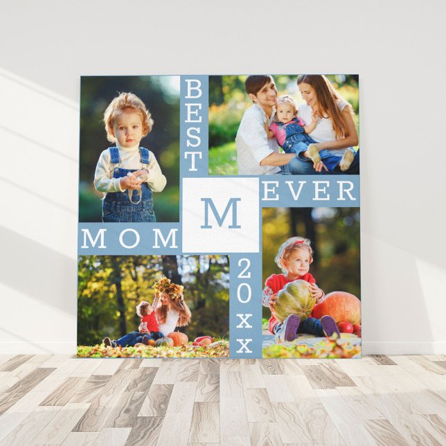 Best Mum Ever 4 Photo Collage Blue White Square Canvas Print (Creator Uploaded)
