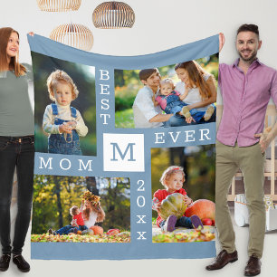 Best Mum Ever 4 Photo Editable Year Blue Fleece Blanket