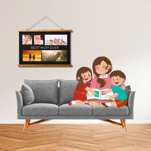 Best Mum Ever 5 Photo Collage Black Hanging Tapestry (Creator Uploaded)