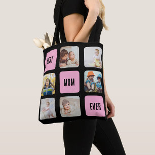Best Mum Ever 6 Custom Photo Collage on Black Tote Bag