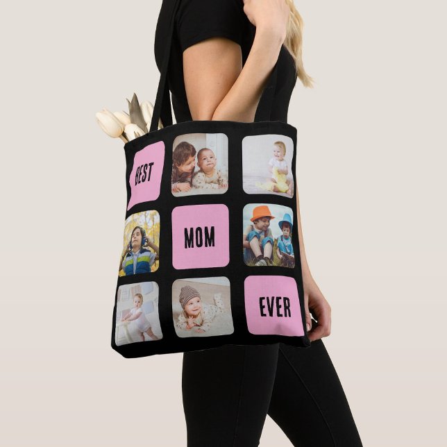 Best Mum Ever 6 Custom Photo Collage on Black Tote Bag (Creator Uploaded)