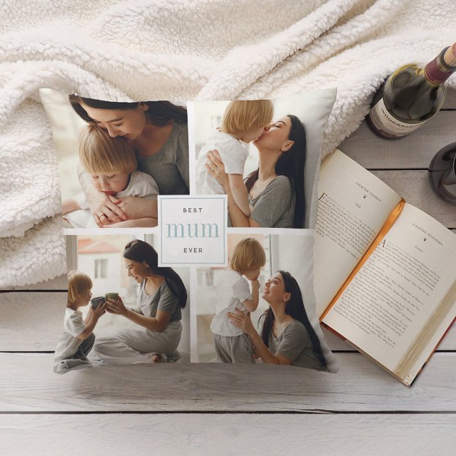 Best Mum Ever | Aqua & White Kids Photo Collage Cushion (Creator Uploaded)