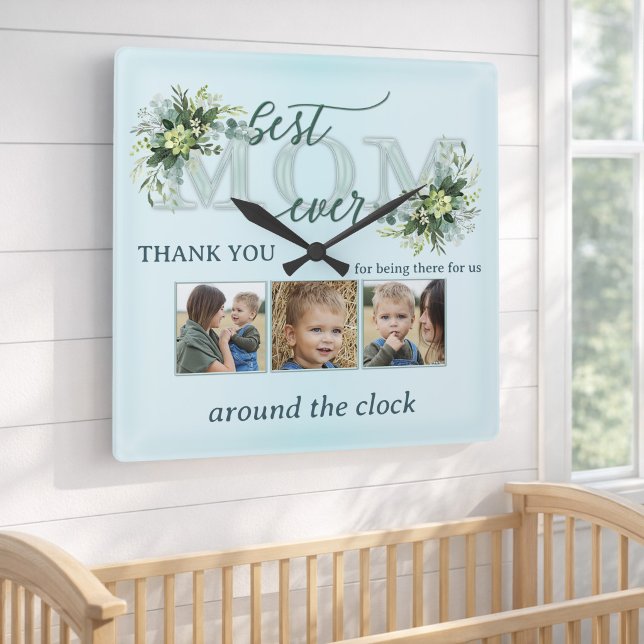 Best Mum Ever Around the Clock Photo Collage Clock (Elegant baby blue photo wall clock featuring a stylized Mom text and watercolor leaves)