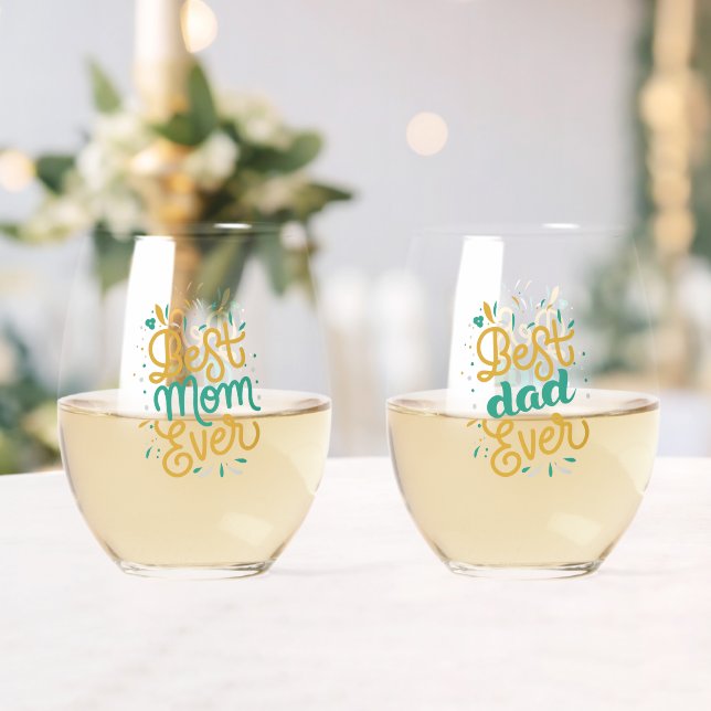Best Mum Ever, Best Dad Ever Stemless Wine Glass (Insitu (Wedding))