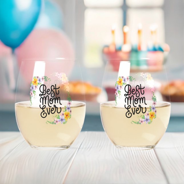 Best Mum Ever Colourful Stemless Wine Glass (Insitu (Baby Shower))