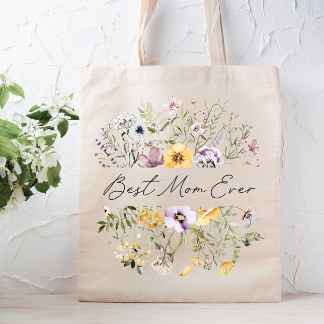 Best Mum Ever Colourful Wildflower Mothers Day Tote Bag (In situ)