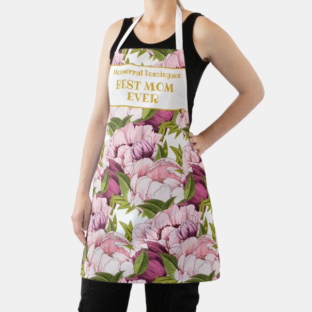Best Mum Ever Custom Gold Name Pink Peony Floral Apron (Insitu)