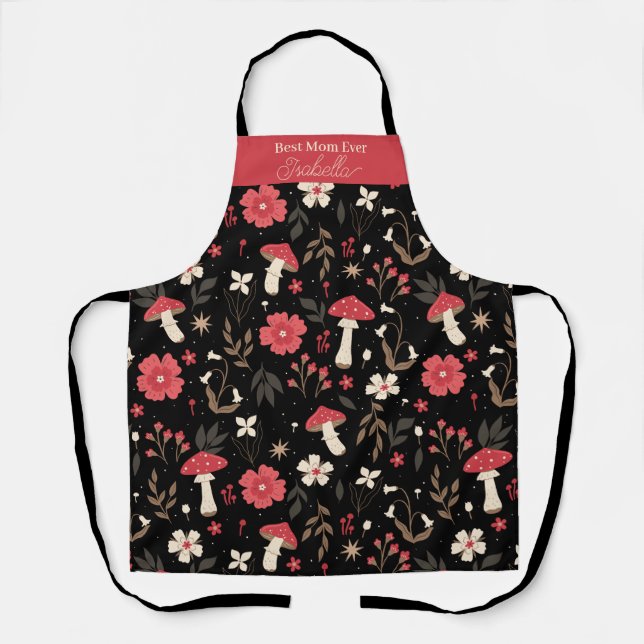Best Mum Ever custom name mushroom floral apron (Front)