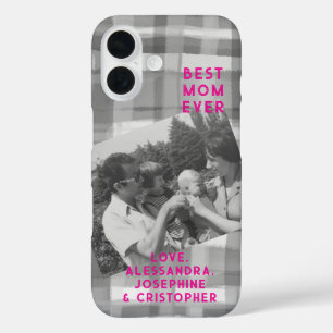 Best Mum Ever custom photo black white pink tartan iPhone 16 Case