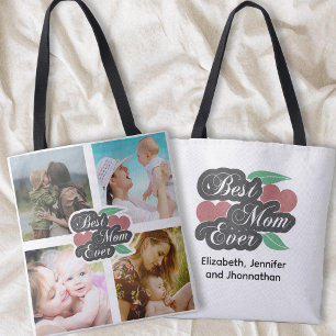Best Mum Ever Cute Heart Photo Collage Family Name Tote Bag