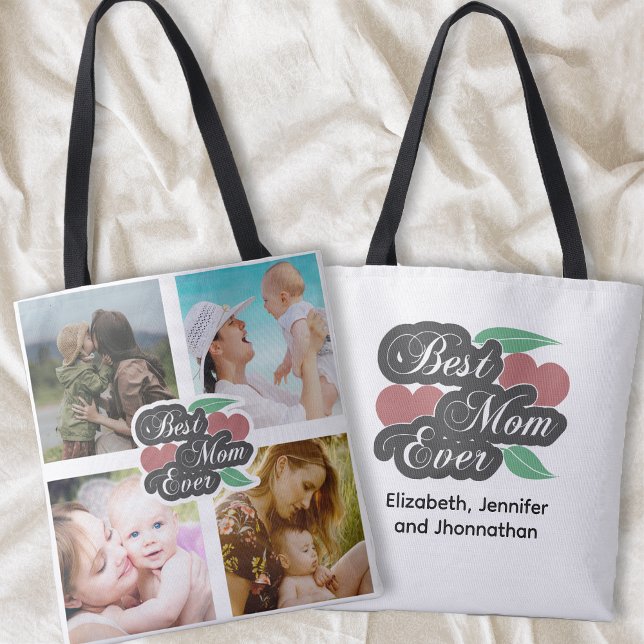 Best Mum Ever Cute Heart Photo Collage Family Name Tote Bag (Creator Uploaded)