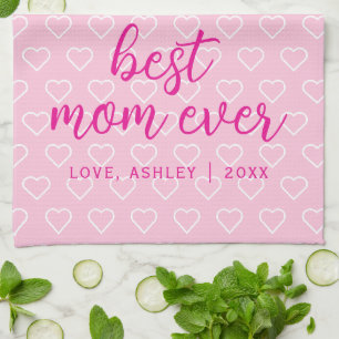Best Mum Ever Cute Pink Heart Pattern Trendy Tea Towel