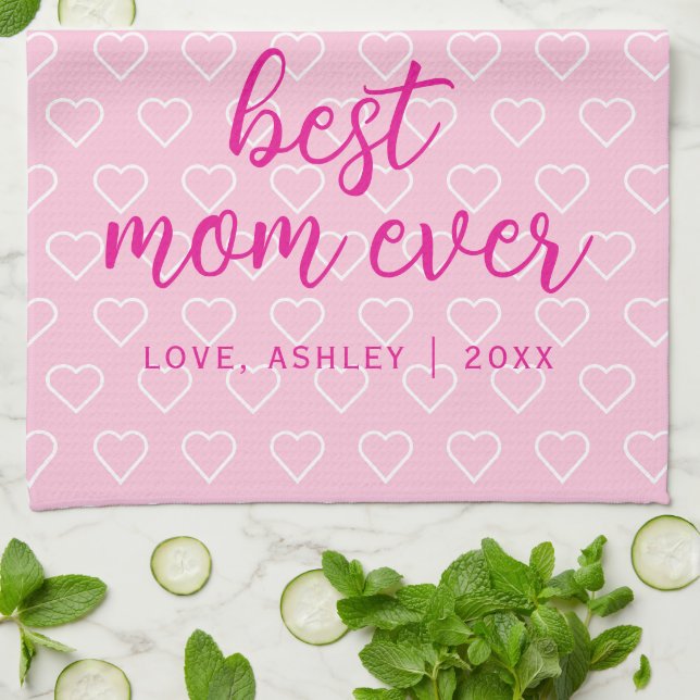 Best Mum Ever Cute Pink Heart Pattern Trendy Tea Towel (Folded)
