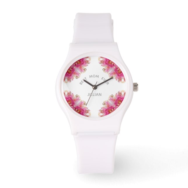 Best Mum Ever, Elegant Pink Fuchsia Floral Watch (Front)