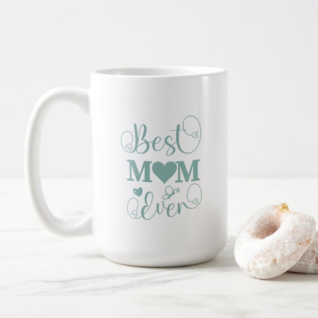"Best Mum Ever" elegant teal script  Coffee Mug (With Donut)