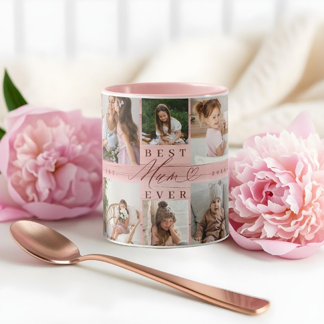 Best Mum Ever Family Photo Collage Pink Woodgrain  Mug (Best Mum Ever Family Photo Collage Pink Woodgrain Mug)