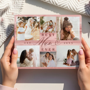 Best Mum Ever Family Photo Collage Pink Woodgrain Plaque