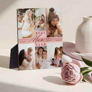 Best Mum Ever Family Photo Collage Pink Woodgrain Plaque