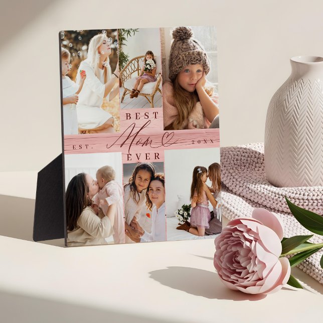 Best Mum Ever Family Photo Collage Pink Woodgrain Plaque (Best Mom Ever Family Photo Collage Pink Woodgrain Plaque)