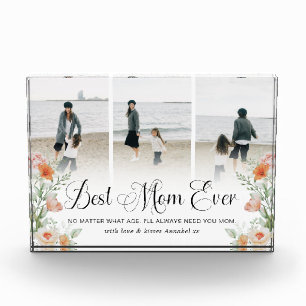 Best Mum Ever Floral Photo Collage Glass Block