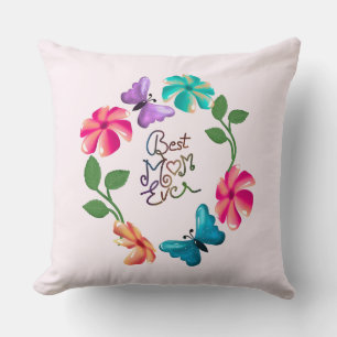 Best Mum Ever Floral Wreath Cute Butterfly Flowers Cushion