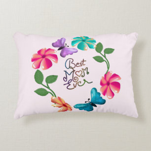 Best Mum Ever Floral Wreath Cute Butterfly Flowers Decorative Cushion