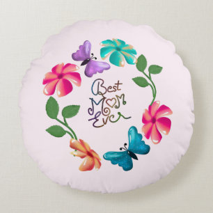 Best Mum Ever Floral Wreath Cute Butterfly Flowers Round Cushion