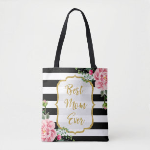 Best Mum Ever Gold Glitter Pink Flowers Stripes Tote Bag
