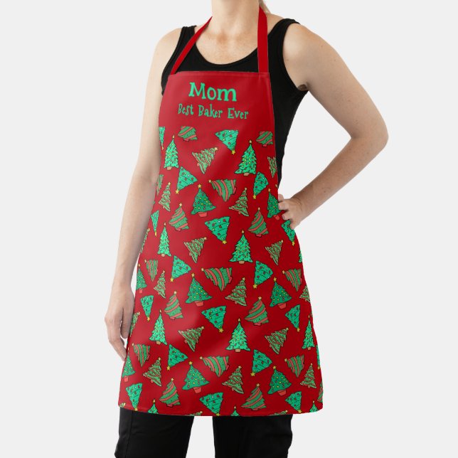 Best Mum Ever Green Christmas Trees Red Patterned Apron (Insitu)