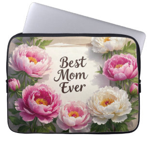 Best Mum Ever”Hand-painted peonies and cursive Laptop Sleeve