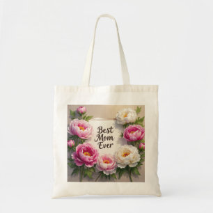 Best Mum Ever”Hand-painted peonies and cursive Tote Bag