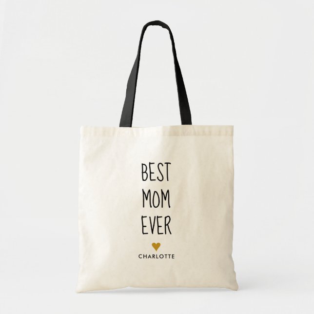 Best Mum Ever Hand Written Gold Heart Tote Bag (Front)