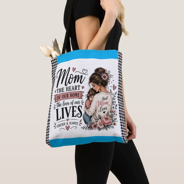 Best Mum Ever Houndstooth Accent Grocery Tote Bag (Close Up)